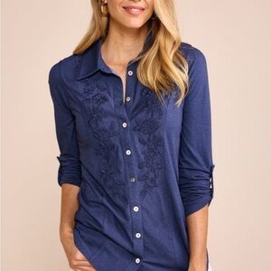 Soft Surroundings Floral Embroidered Button-Down Shirt Navy